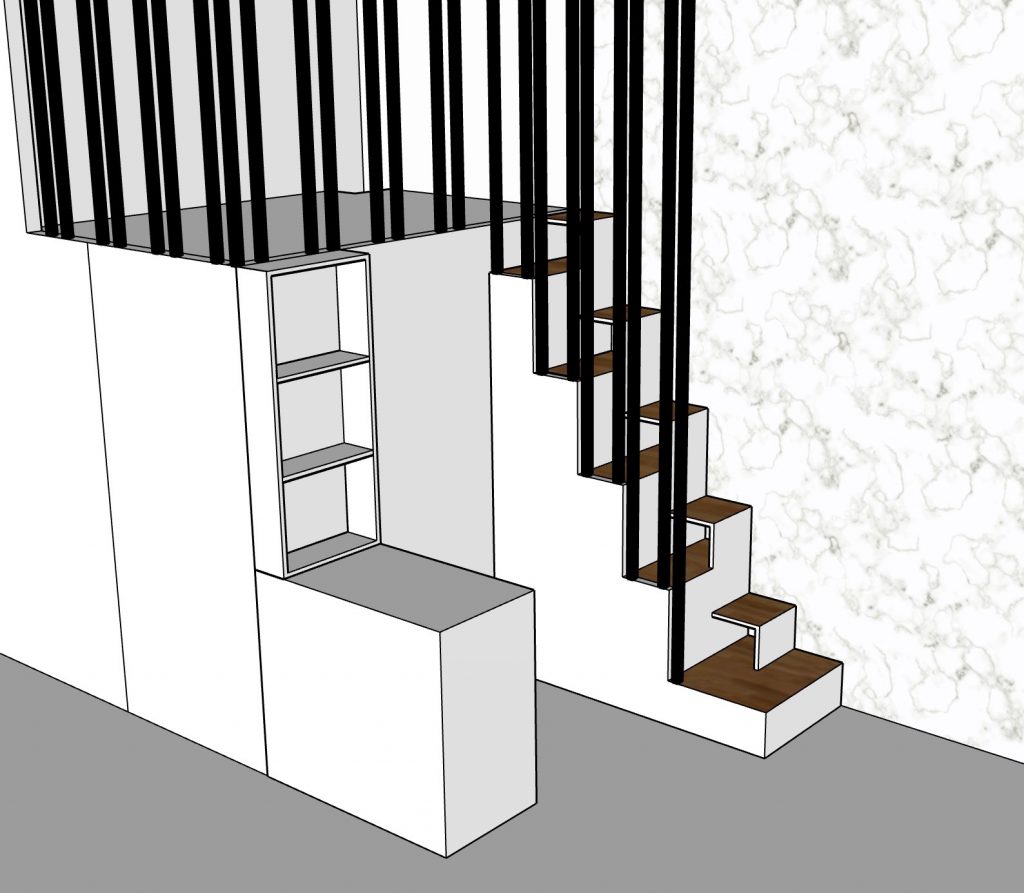escalier à pas japonais dessiné par Liza Lena pour accéder à une mezzanine